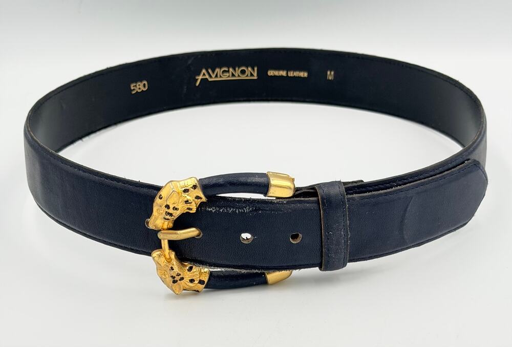 Avignon Genuine Leather Belt Navy Blue with Gold Leopard Buckle France Size M